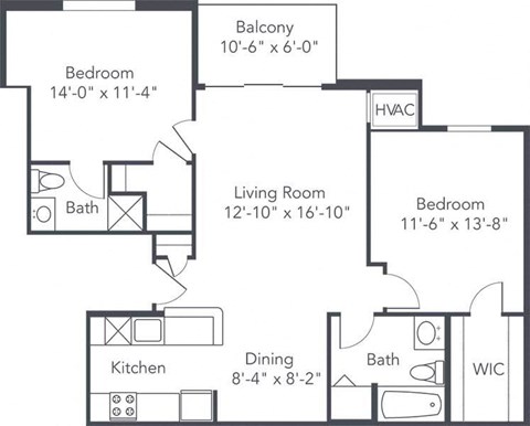 Floor plan for 2 beds, 2 baths, 966 sqft